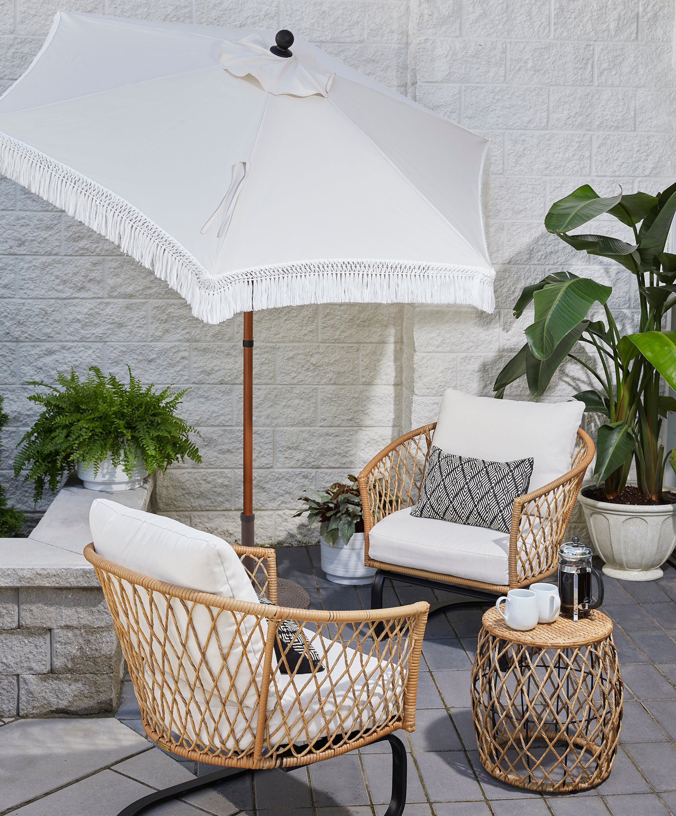 better homes & gardens ventura 7.5 fringe patio umbrella Ventura White 7.5’ Fringe Push-Up & Tilt Patio Umbrella, with Faux Wood Pole