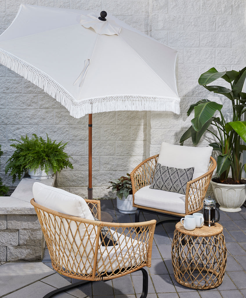Ventura White 7.5’ Fringe Push-Up & Tilt Patio Umbrella, with Faux Wood Pole