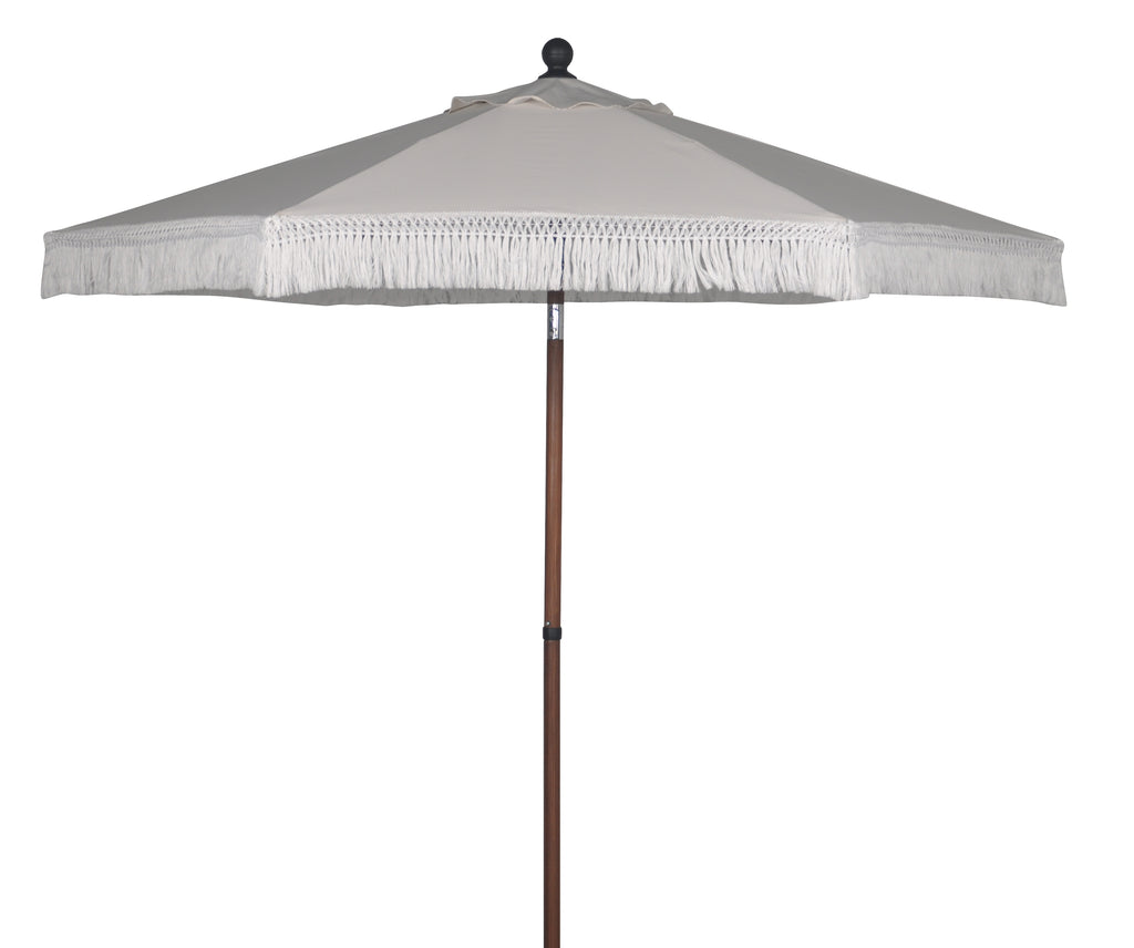 Ventura White 7.5’ Fringe Push-Up & Tilt Patio Umbrella, with Faux Wood Pole