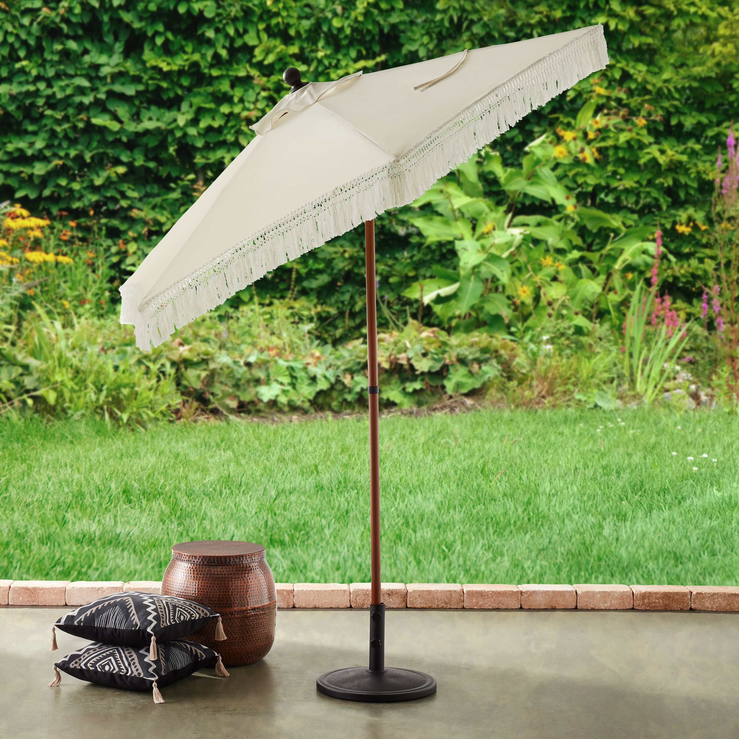 green patio umbrella with white pole Ventura White 7.5’ Fringe Push-Up & Tilt Patio Umbrella, with Faux Wood Pole