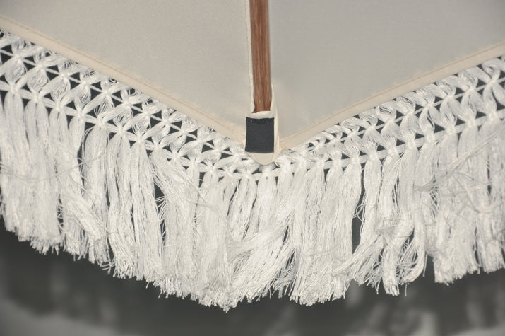 Ventura White 7.5’ Fringe Push-Up & Tilt Patio Umbrella, with Faux Wood Pole