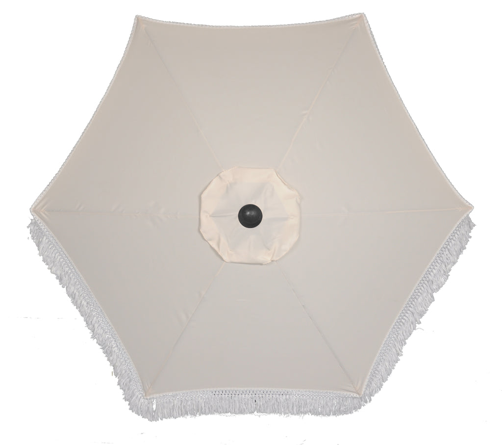 Ventura White 7.5’ Fringe Push-Up & Tilt Patio Umbrella, with Faux Wood Pole